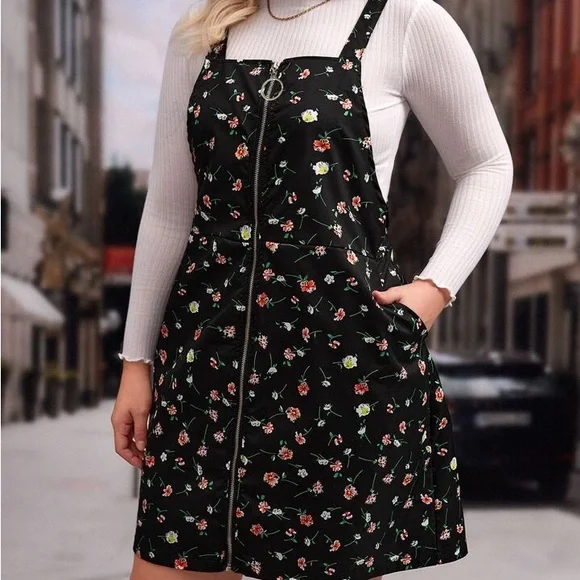 5/$25 Floral Zip Front Pinafore Mini Dress Cottagecore Y2K Soft Girl XL - Picture 2 of 6